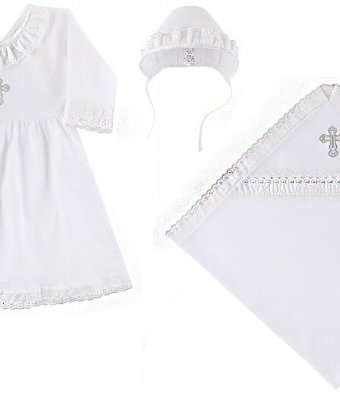 Миниатюра фотографии Наша мама крестильный набор для девочки (пеленка, платье, чепчик)