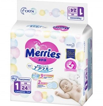 Миниатюра фотографии Подгузники для новорожденных merries nb, 5 кг, 24 шт.